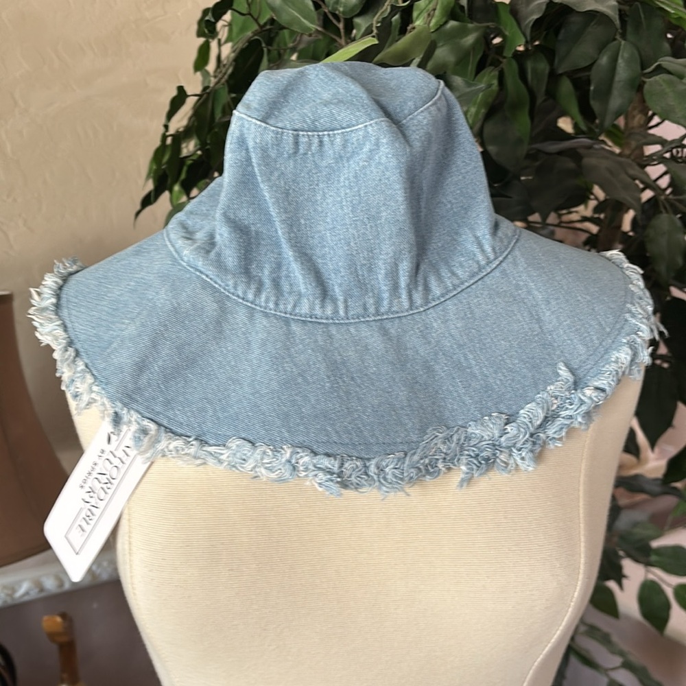 Sprigs Denim Wide Brim Fringe Sun Hat ~ Light Wash
